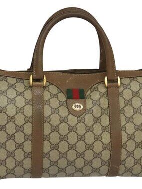 GUCCI GG Supreme Web Sherry Line Boston Bag PVC Beige Gold 40 02 007 Auth KD431